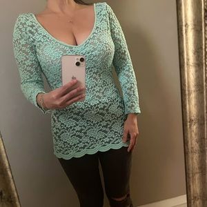 💘lace sheer low cut back v neck top romantic date night size medium m